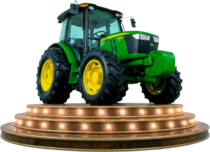 Trator John Deere 5080E, verde com rodas amarelas, sobre um pedestal iluminado